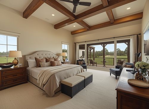 High-end master bedroom real estate photography in Gainesville featuring vaulted ceilings with exposed wood beams, sliding glass doors to a patio, and professional staging by PrimePropertyPhoto.