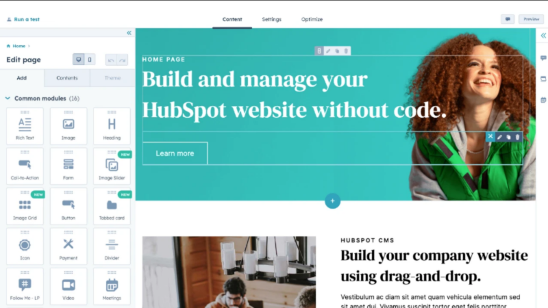 HubSpot WEbsite builder dashboard