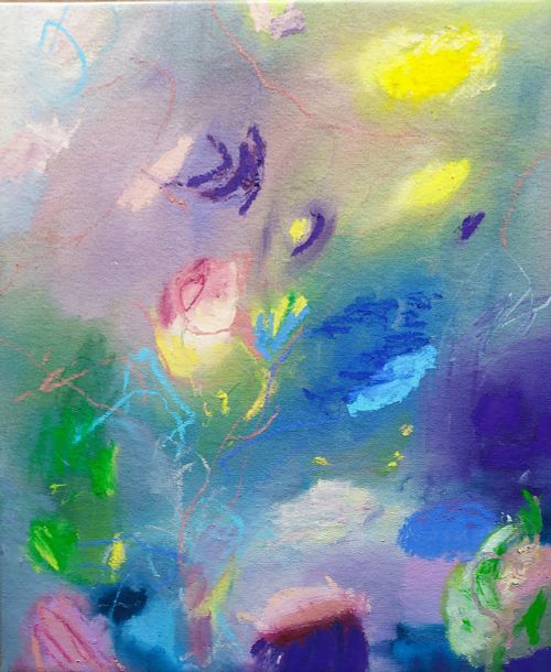 peinture abstraite, toile abstraite contemporaine, moyen format, 38x46 cm, vert, rose, violet, jaune, art abstrait contemporain, expressionnisme abstrait, abstraction lyrique, color field painting,acrylique, oil sticks, techniques mixtes sur toile, collection R&ecirc;ves de Douceur, tableau original, tableau vendu