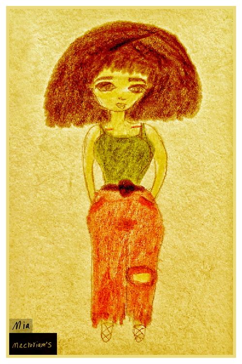 A woman stands confidently, wearing a black top and red pants. Her curly hair frames her face, giving her a fashionable look.