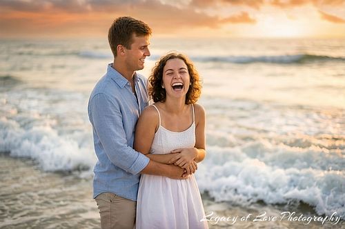 A joyful woman laughing after a surprise beach proposal in Jacksonville, photographed by Legacy of Love Photography.