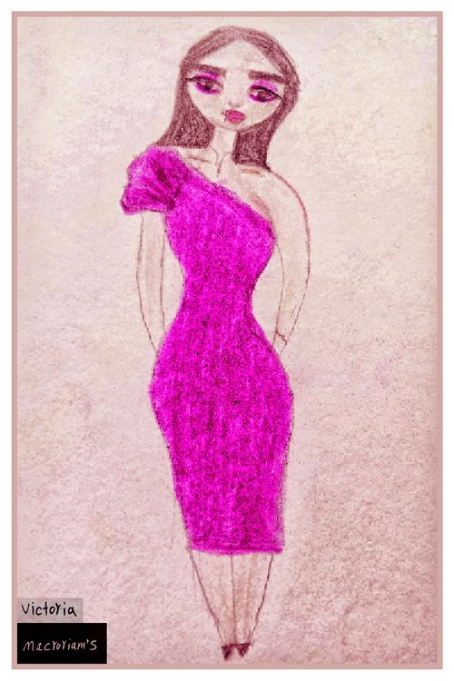 A stylized figure of a woman with brunette hair, wearing a vibrant pink one-shoulder dress. The background features a textured, soft pink hue.