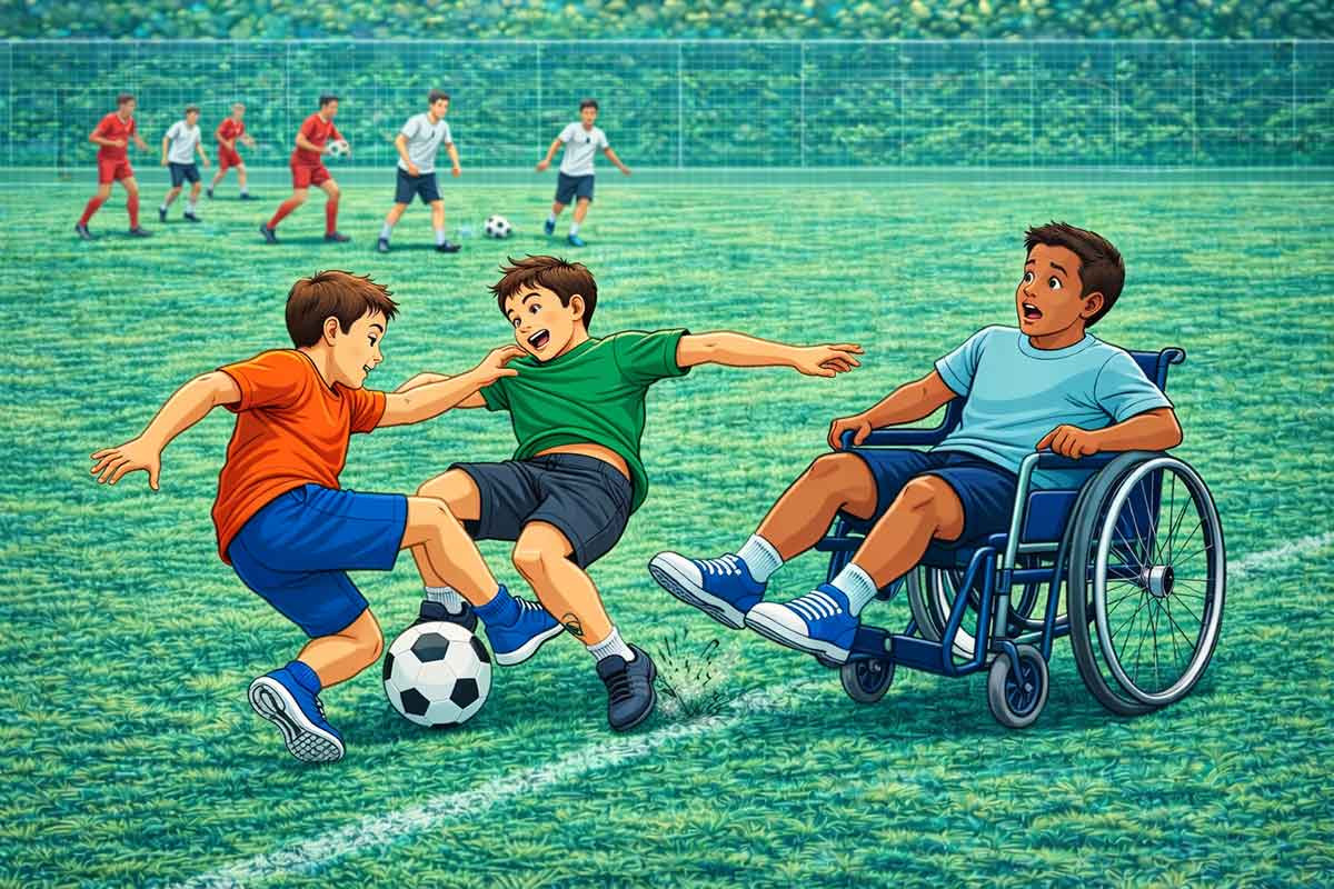 Zwei Spieler gehen intensiv in einen Zweikampf um den Ball, während ein Spieler im Rollstuhl nah am Geschehen beteiligt ist und die Situation kritisch wird.