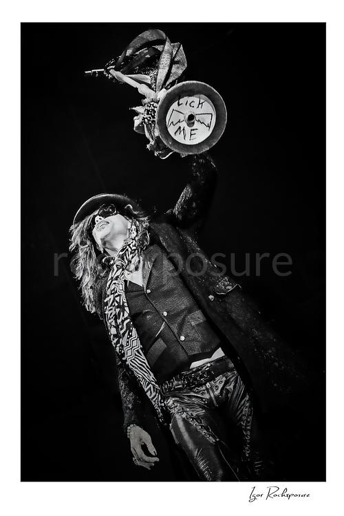 Steven Tyler raises his microphone stand high above the stage, with the base displaying the handwritten phrase “LICK ME,” adding a provocative edge to the performance moment.