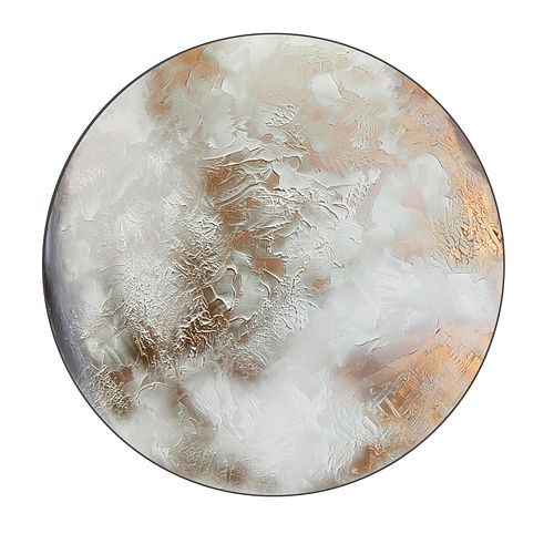 Large circular abstract painting on round canvas with gold leaf textures for a modern Indian foyer