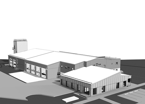 3D Revit model of an industrial facility featuring a factory building layout with service bays and administrative zones