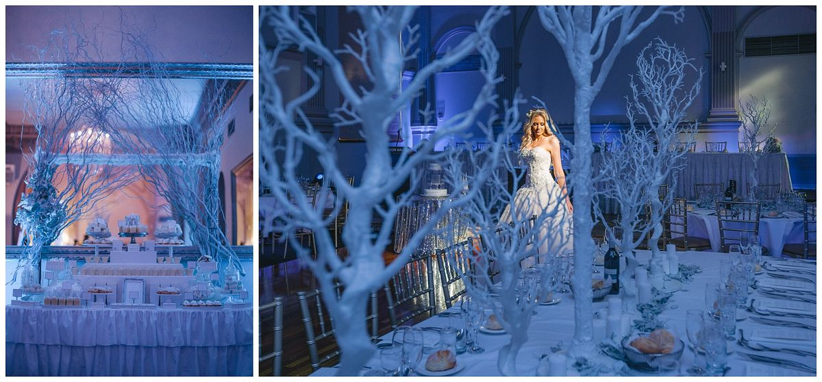 Frozen colour themed wedding reception at Grand Banquet Room, Curzon Hall.