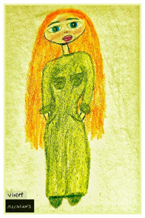 A drawing showcasing a woman with long orange hair dressed in a green outfit. The simple lines and bold colors create a unique visual impact.