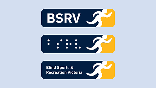 Layout presenting three variations of the BSRV logo redesign: an initials version, an embossed Braille initials version, and a full name version reading &lsquo;Blind Sports and Recreation Victoria&rsquo;.